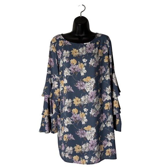 Rokoko Dresses & Skirts - Floral Bell Sleeve Tunic Dress By Rokoko L - Teal Blue, Purple & Yellow